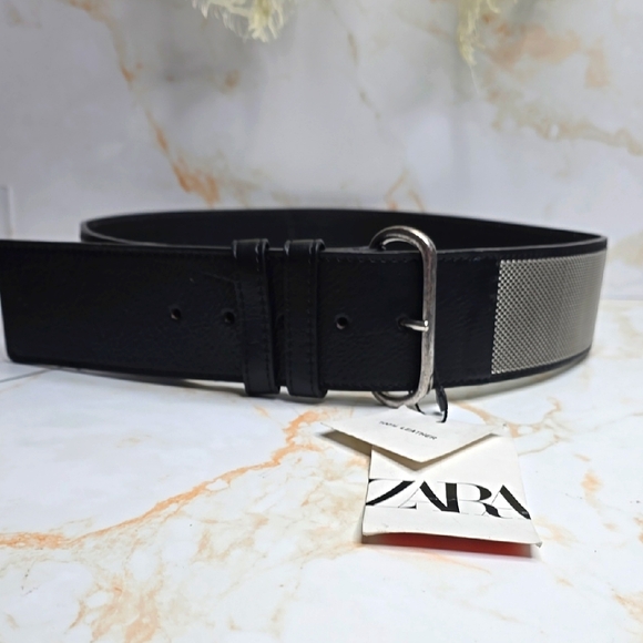 Zara Black Leather Belt With Metal Mesh New With Tags main image 5